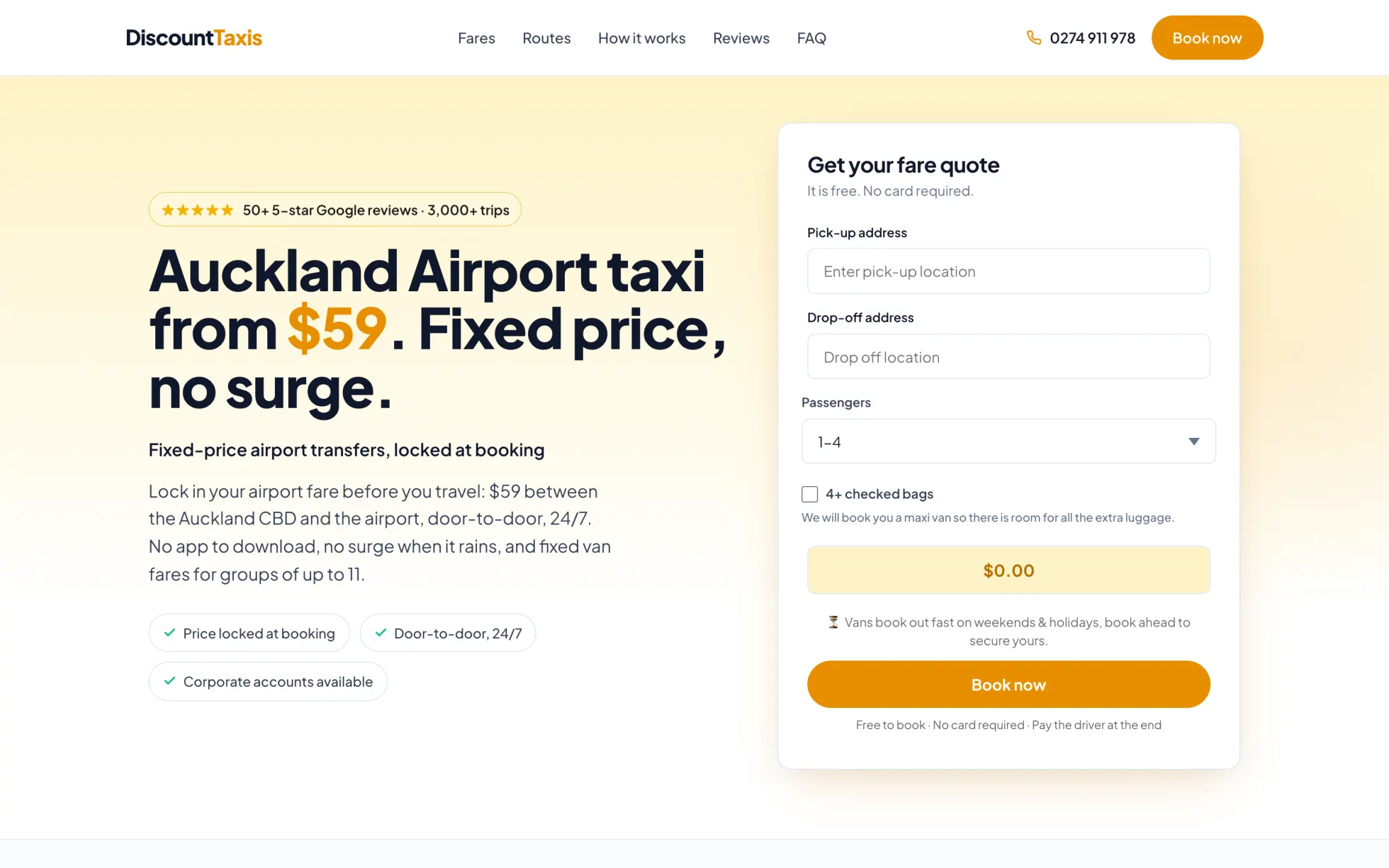 Discount Taxis' homepage, with the headline Auckland Airport taxi from $59, a short paragraph on fixed fares, a fare quote form beside it, and the menu, phone number and Book now button in the header