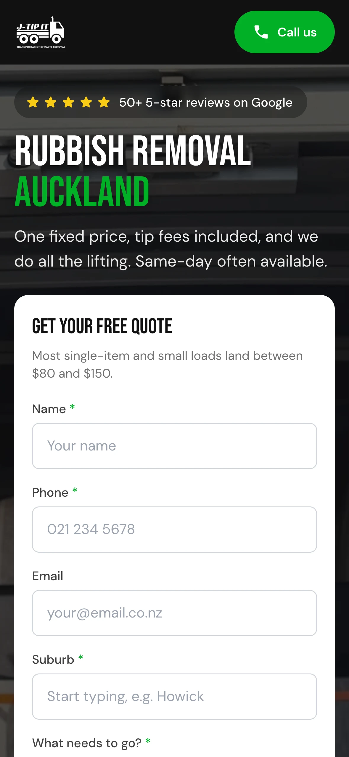 J Tip It's rubbish removal landing page on a phone: a call button in the header, Google reviews, the headline, a price range and a short quote form