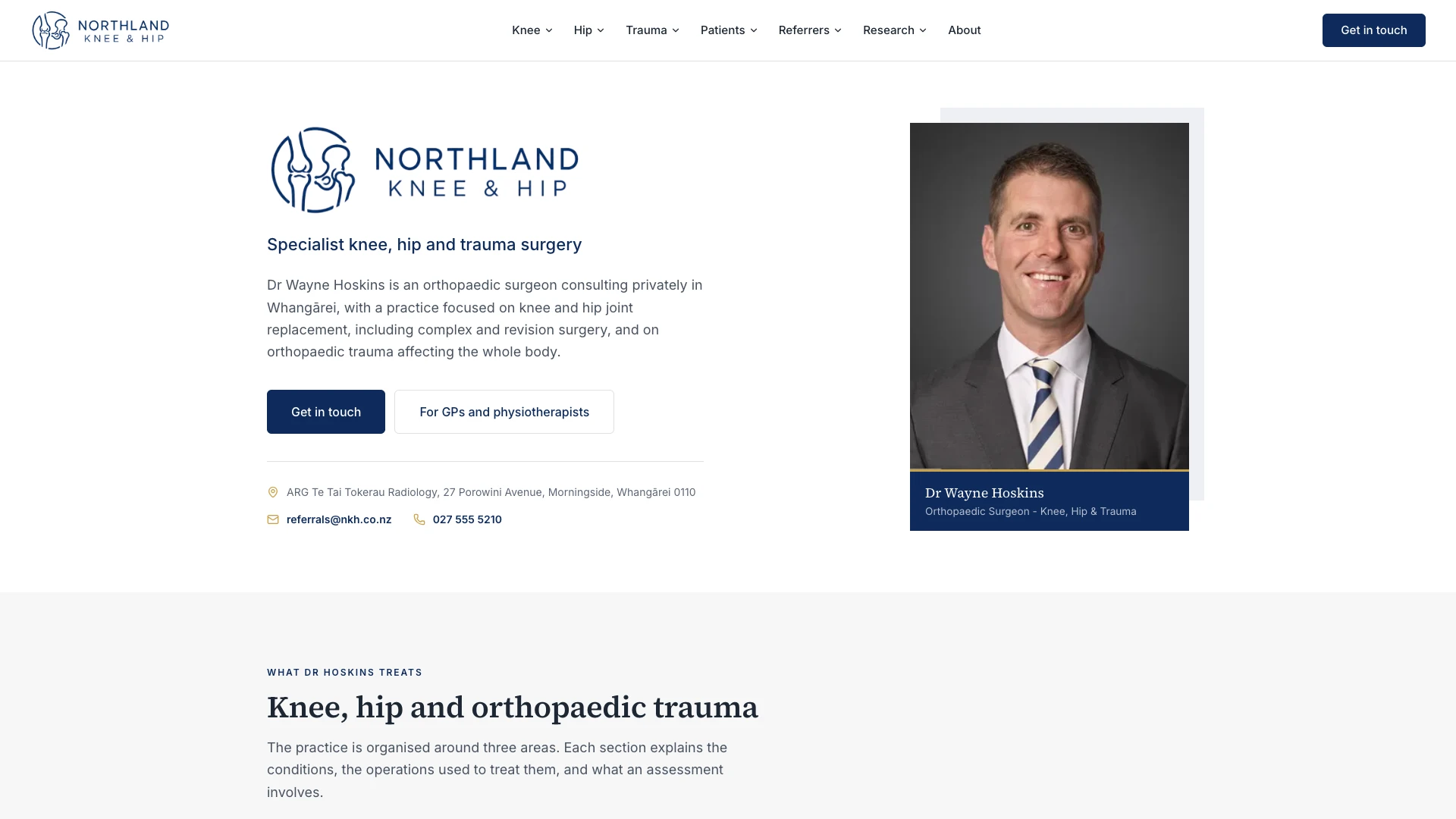 Northland Knee & Hip: a surgeon's site for patients and GPs website screenshot 1