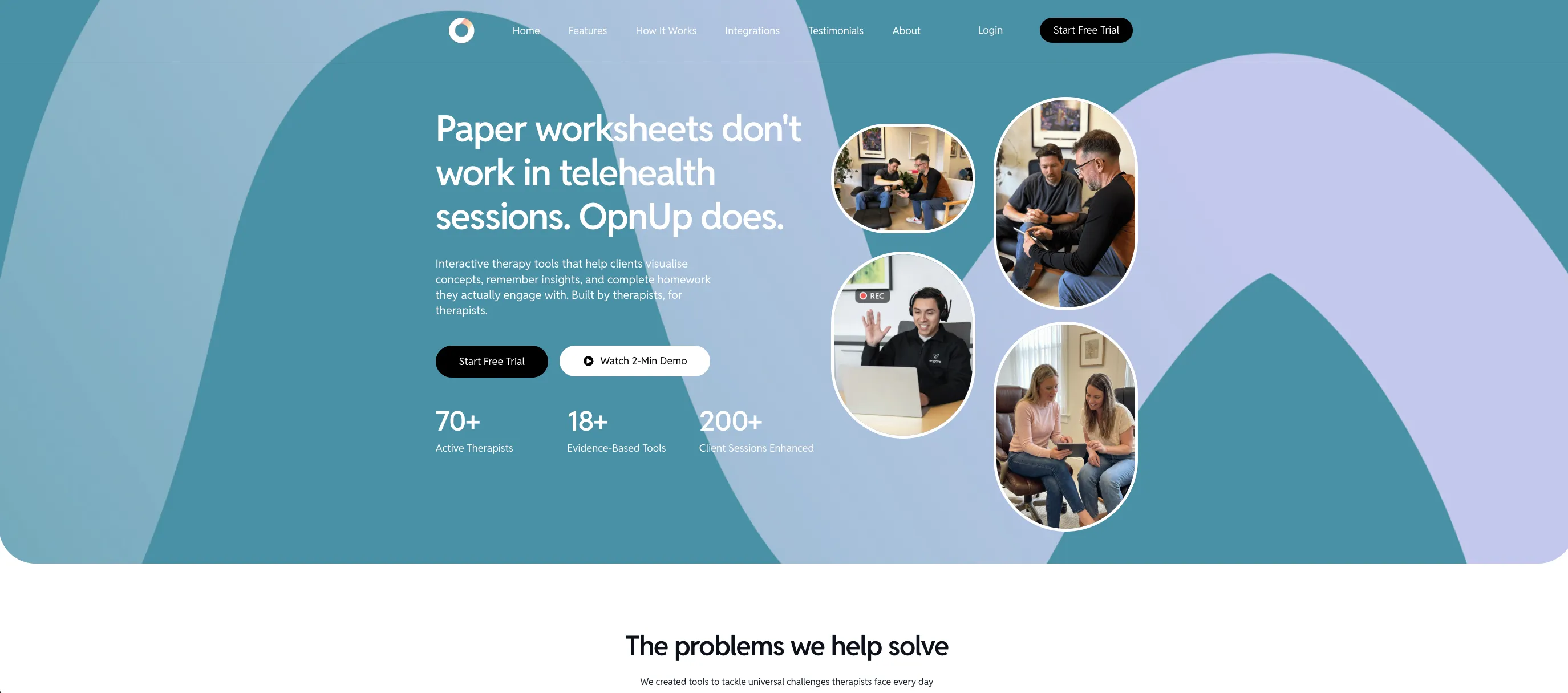 OpnUp's website home page, with its headline about therapy tools for telehealth sessions