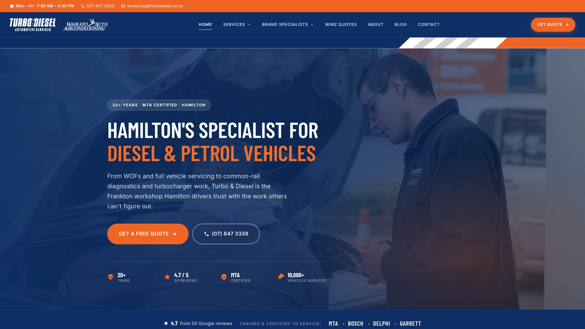 Turbo & Diesel's website home page, with the navigation, the headline, a free quote button and a call button