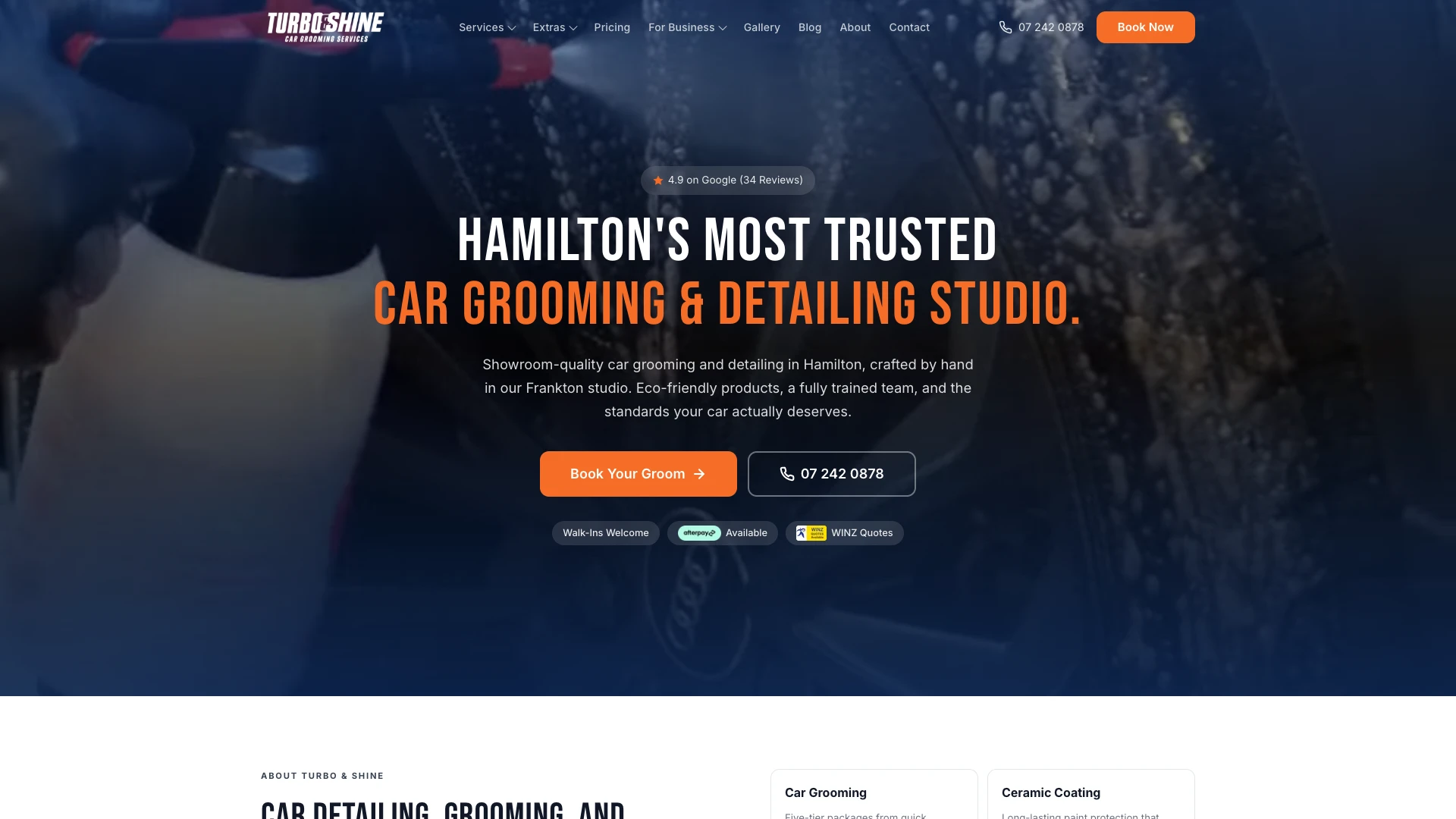 Turbo & Shine's new home page for its Hamilton car grooming studio